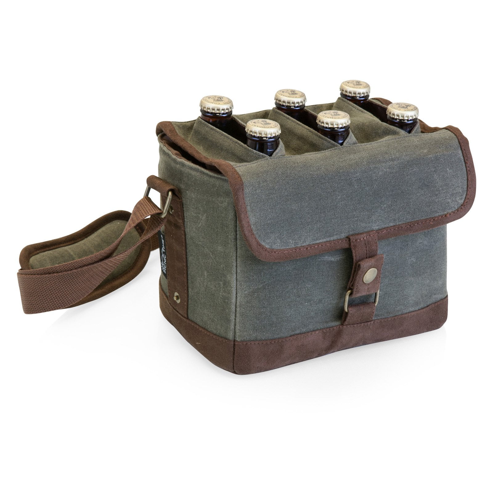 Legacy By Picnic Time Beer Caddy Cooler Tote with Bottle Opener, 6-Pack Beer Gift Bag, Khaki Green with Brown Accents