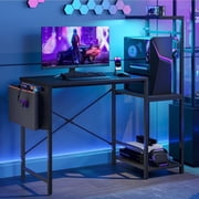 Bestier Gaming Desk with LED Lights, 44 Computer Desk with Reversible Shelves, PC Gamer Desk with Side Storage Bag, Hooks and Height Adjustable Shelf for Home Office, Carbon Fiber Black