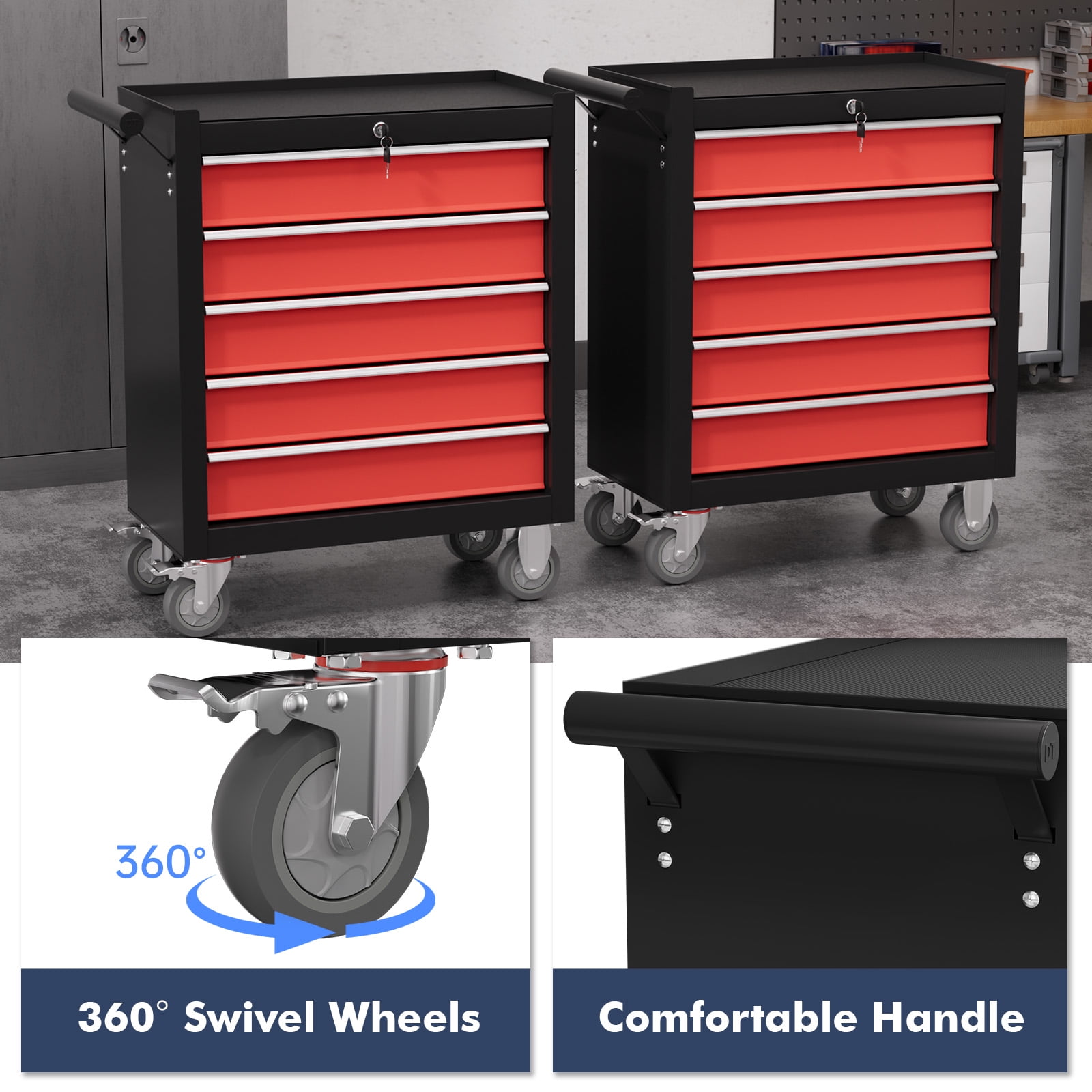 5-Drawer Tool Chest,Rolling Tool Cart with Wheels,High Capacity Tool Cabinet with Locking System for Garage, Warehouse, Workshop-Black&Red