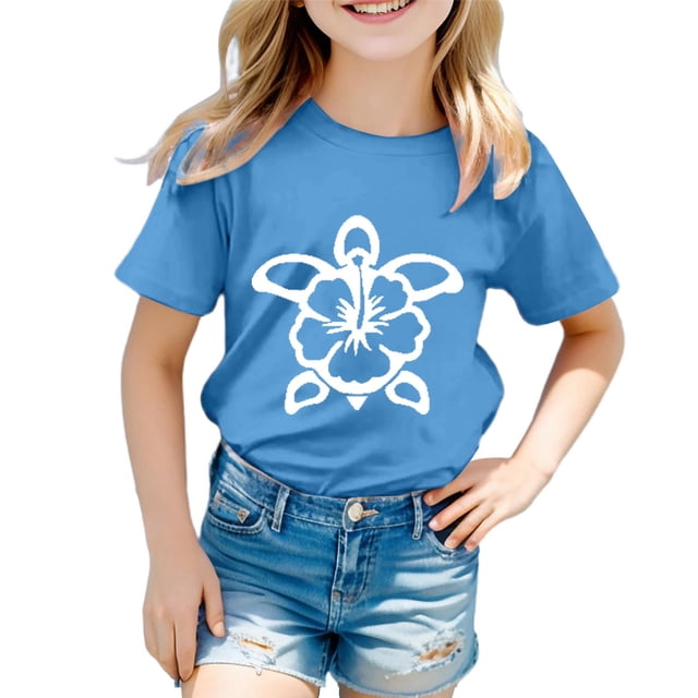 T-shirts Filles Mode Imprimé Tortue Col Rond Manches Courtes Décontractées Hauts Filles Bleu Ciel 8-9 Ans