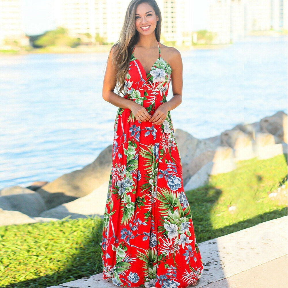 YouLoveIt Women Boho Maxi Dress Floral Dress Beach Flowy Embroidery Long  Dress Summer Spaghetti Straps Floral Maxi Dress - Walmart.com