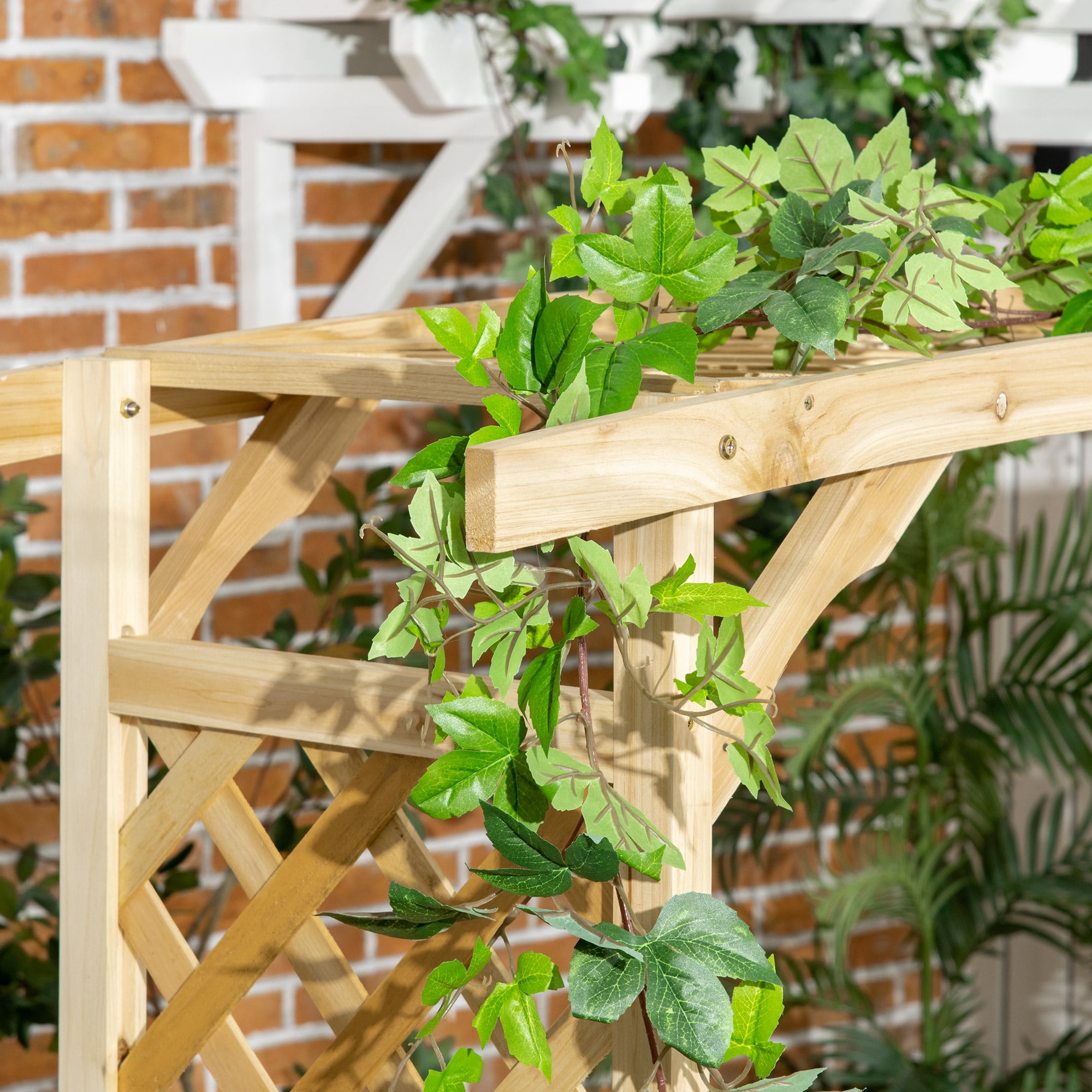 Patio Garden Bench Arbor Arch with Pergola and 2 Trellises, 3 Seat Natural Wooden Outdoor Bench for Grape Vines & Climbing Plants, Backyard Decor, Natural