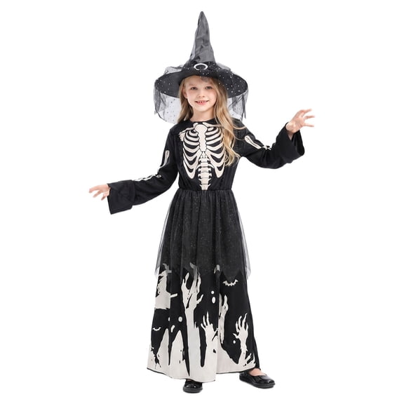 Ruyang 2 Piece Girls Halloween Outfit Skeleton Print Long Dress Sparkle Witch Hat Sets Kids Party Dress Up Role Play Clothes
