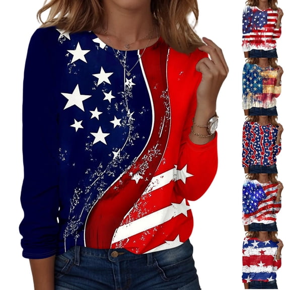 KDDYLITQ Womens 250th Anniversary Tshirt Causal 250 Years Birthday Long Sleeve Tops Patriotic Printed Vintage Tees National Flag Print Graphic Crew Neck T-Shirts Blue M