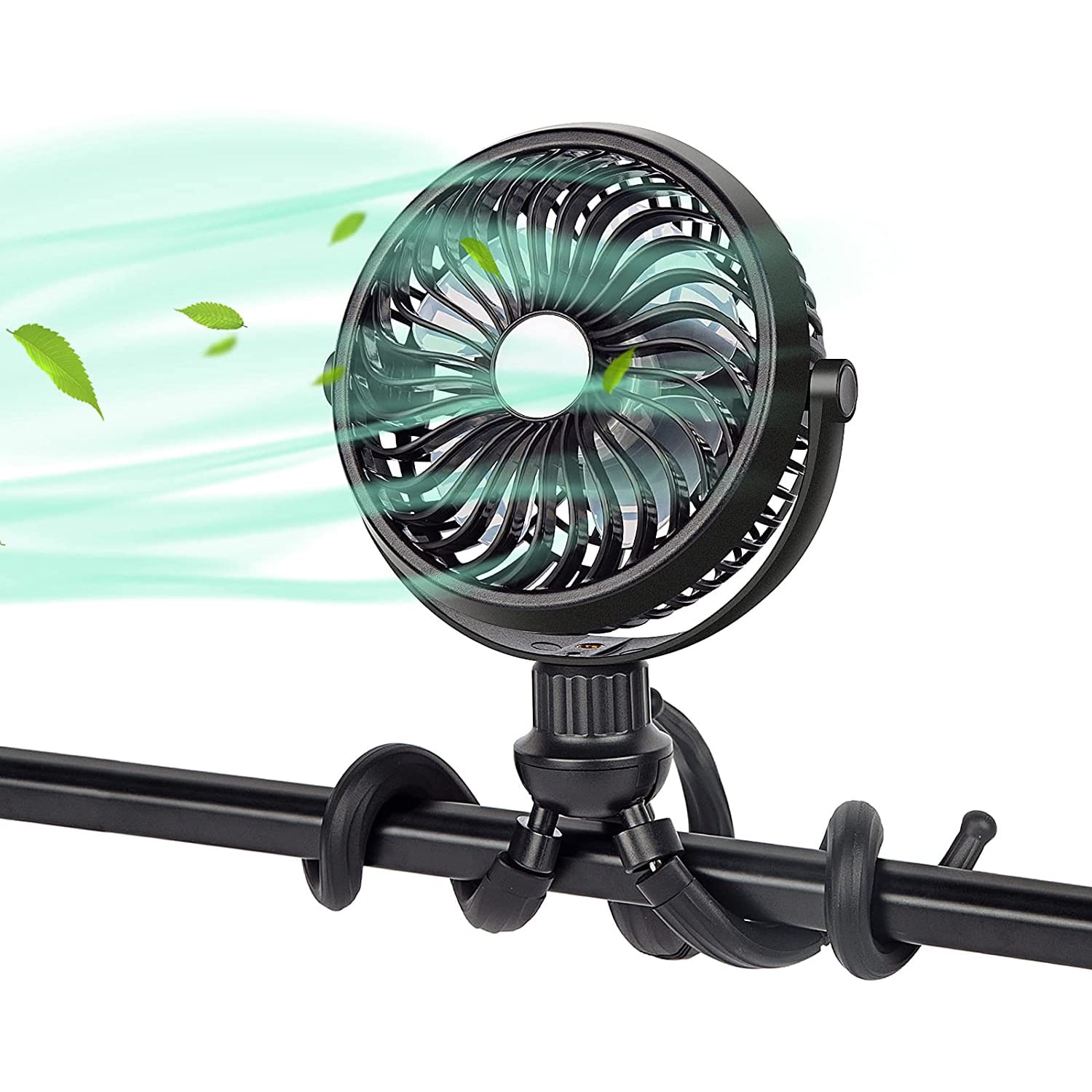 SkyGenius Portable Baby Stroller Fan USB Rechargeable Clip Tripod Fan, Black