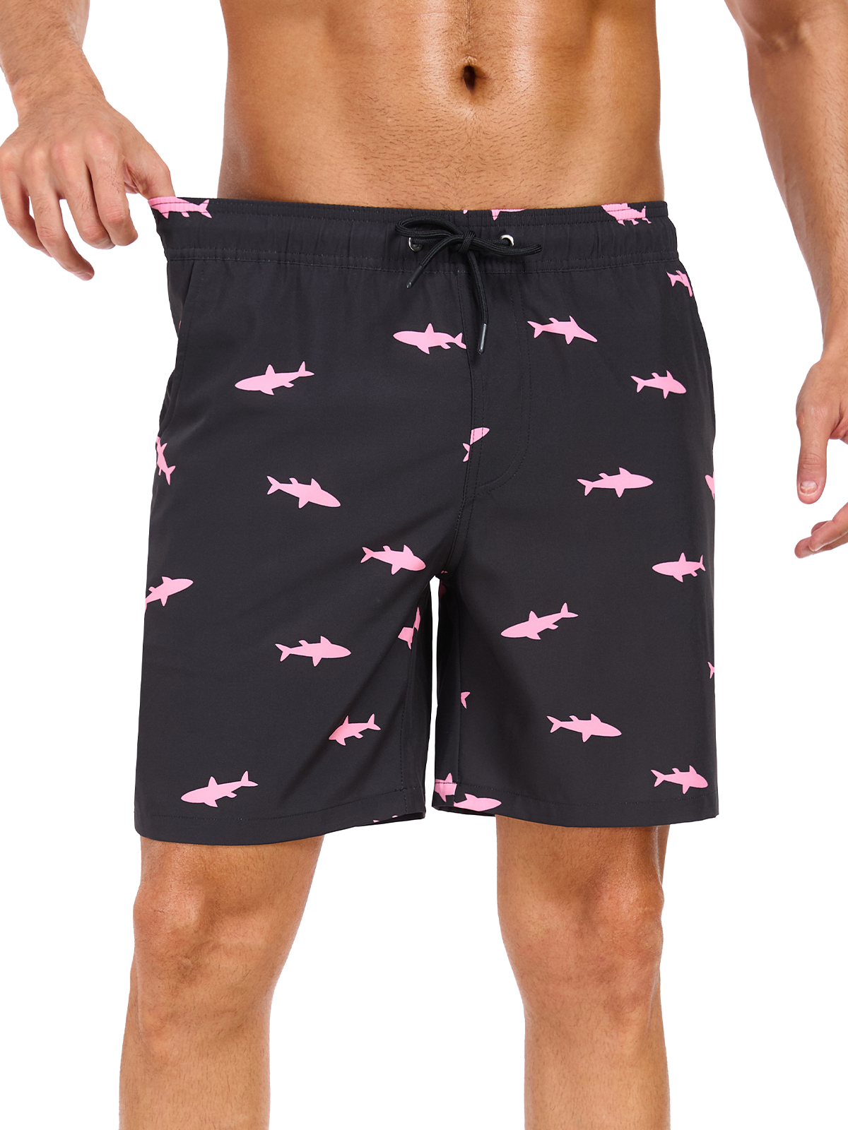 DAKIMOE Men's Swim Trunks with Compression Liner, Shark Print photo 8
