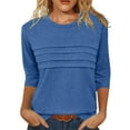 thumbnail image 3 of Otntypg Clearance 3/4 Length Sleeve Womens Tops Cute Summer Round Neck Casual Plain Tunic T-Shirts Pleated Shirts Loose Fit Dressy Elegant Blouses Blue S, 3 of 9