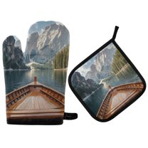 Yayeee Oven Mitts and Pot Holder Set of 2 Heat Resistant Kitchen Gloves Baking Hot Pad, Wooden Boat