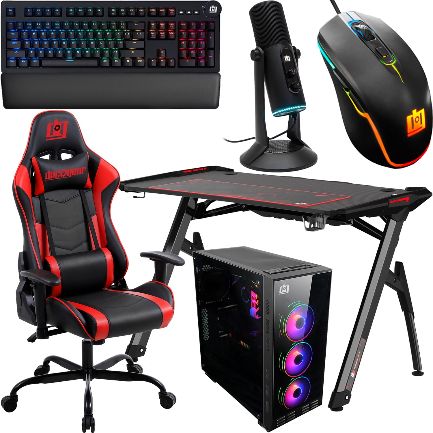 Deco Gear PC Gaming Starter Pack, Includes LED Gaming Desk, Gaming Chair,  Mid-Tower Tempered Glass PC Case, Cherry Red Mechanical Keyboard, Streaming