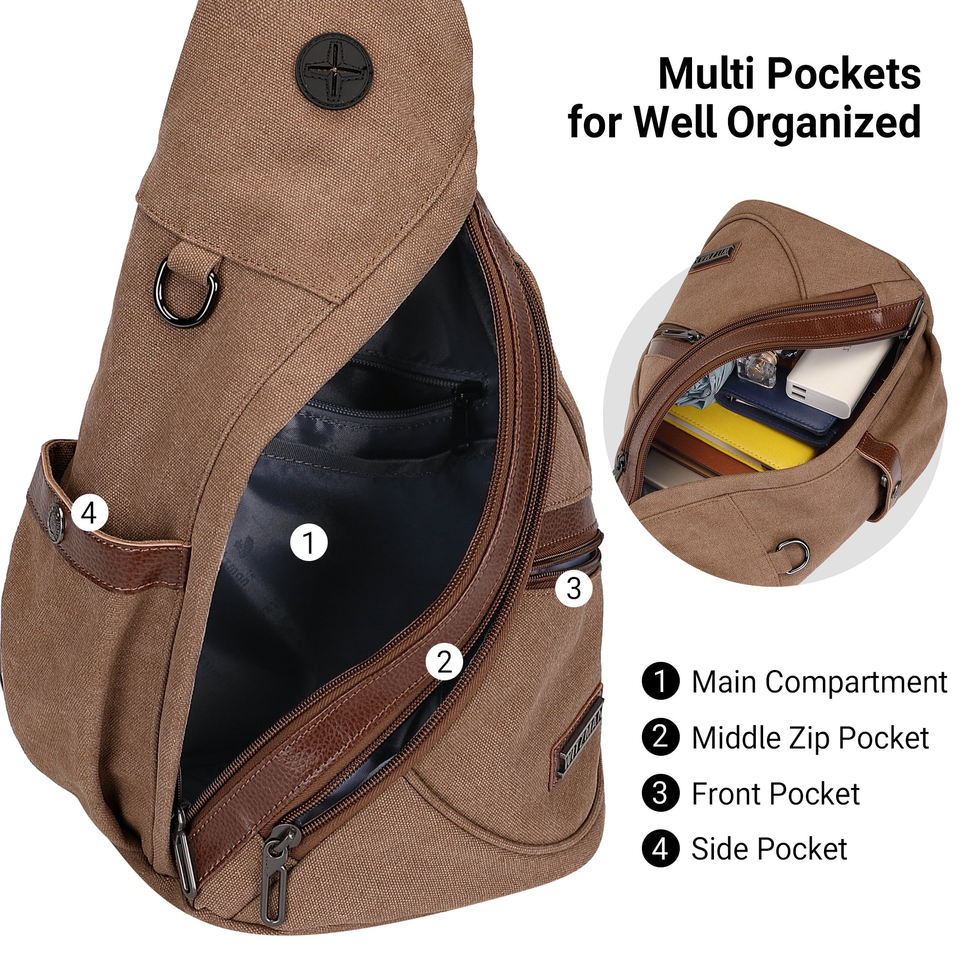 WITZMAN Canvas Sling Bag for Men Women Convertible Sling Backpack Crossbody Vintage Chest Bag Travel Casual Daypack(A8003 Brown)