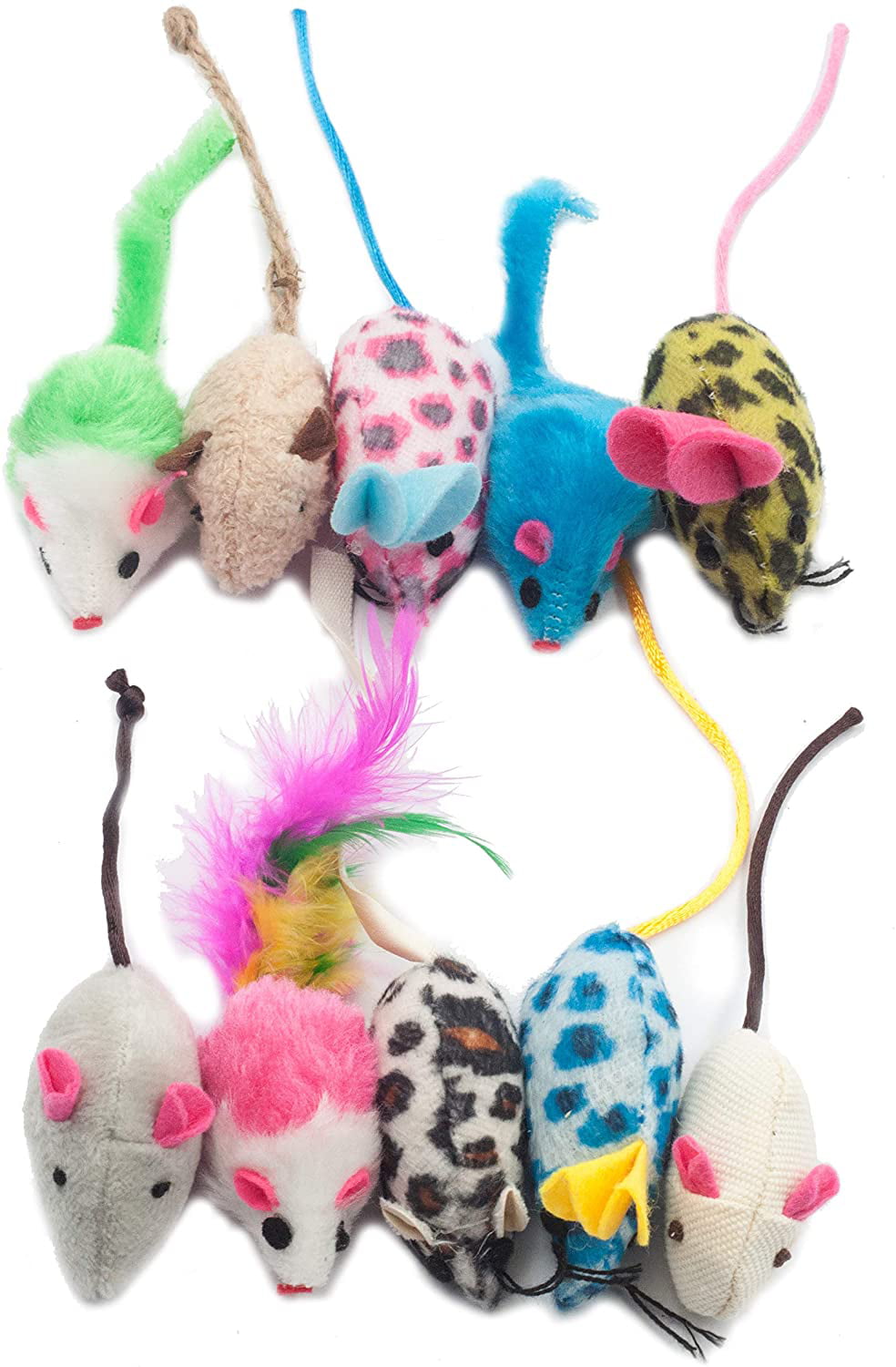 Pack of 5 Cat Kitten Toy Mouse Feather Tail Plush Fur Mice Rattle 
