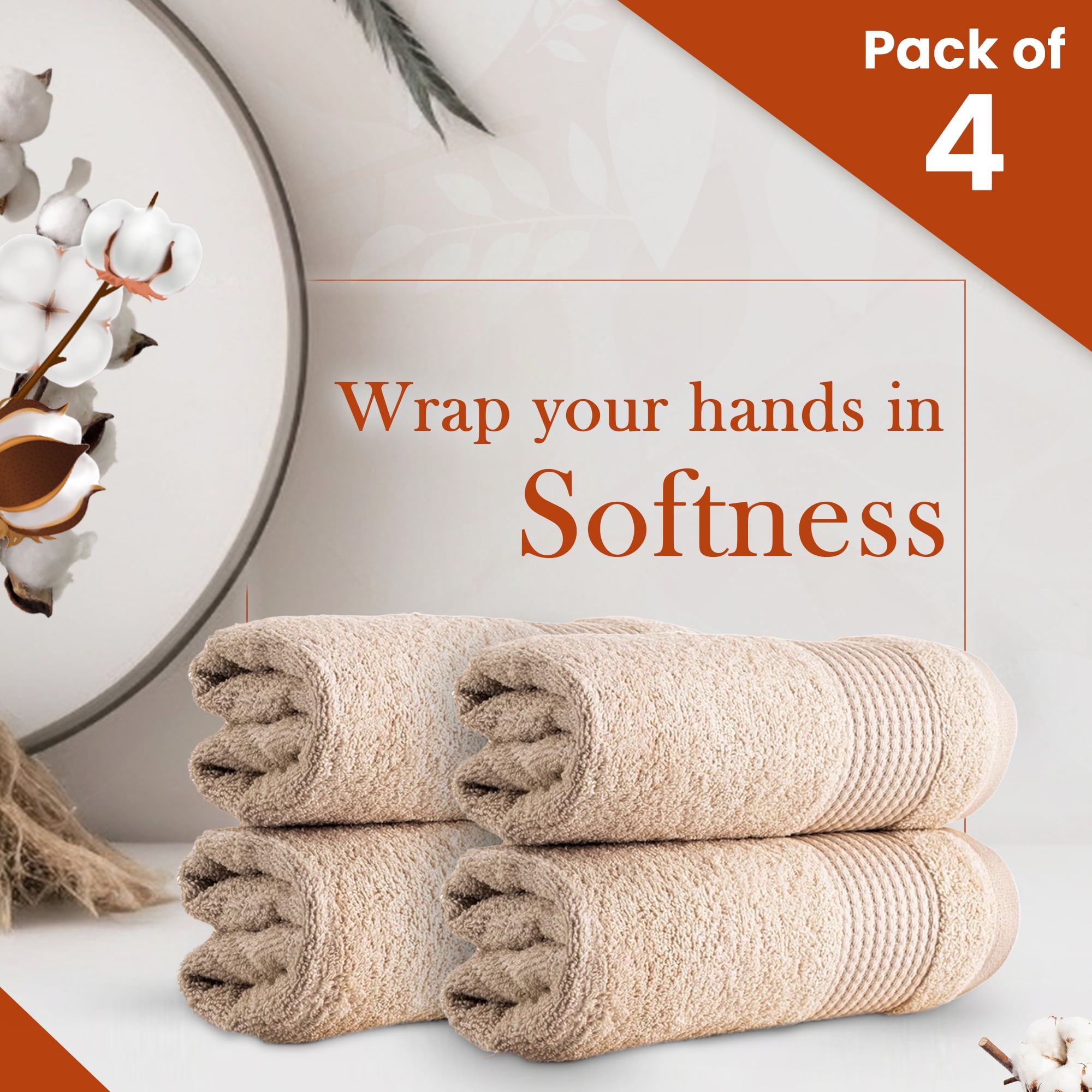 HALLEY Turkish Hand Towels Set - 4 Pack Bathroom Set, Ultra Soft, Machine Washable, Highly Absorbent, 100% Cotton - Luxury Spa Quality - Brown