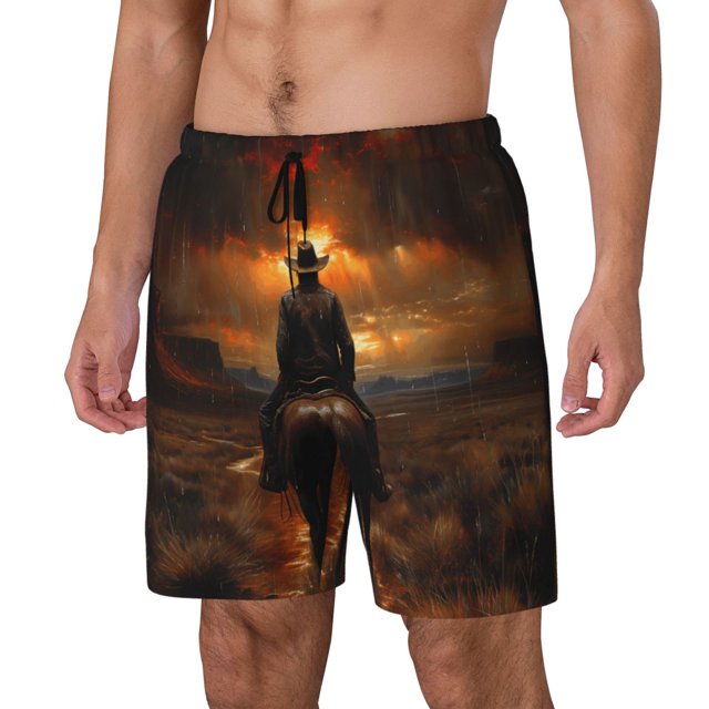 Fotbe Western Rainy Desert Cowboy Traje de Baño para Hombre – Shorts de Natación de Secado Rápido con Forro y Bolsillos-X-Large