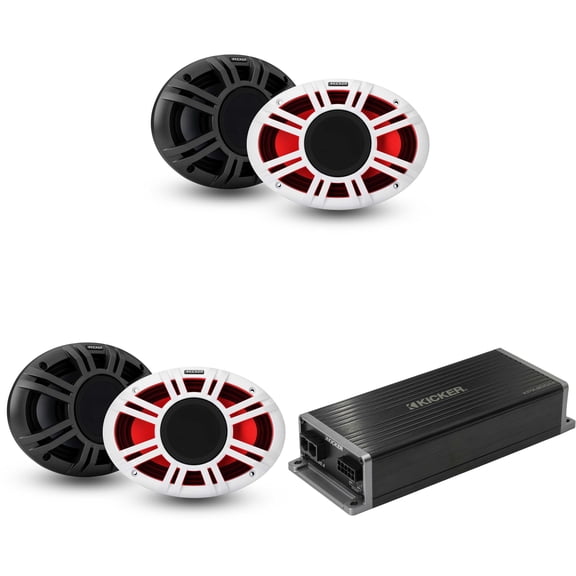 Kicker Marine KPX300.4 Powersports Amp & (2) 6x9" HLCD Marine LED Speakers