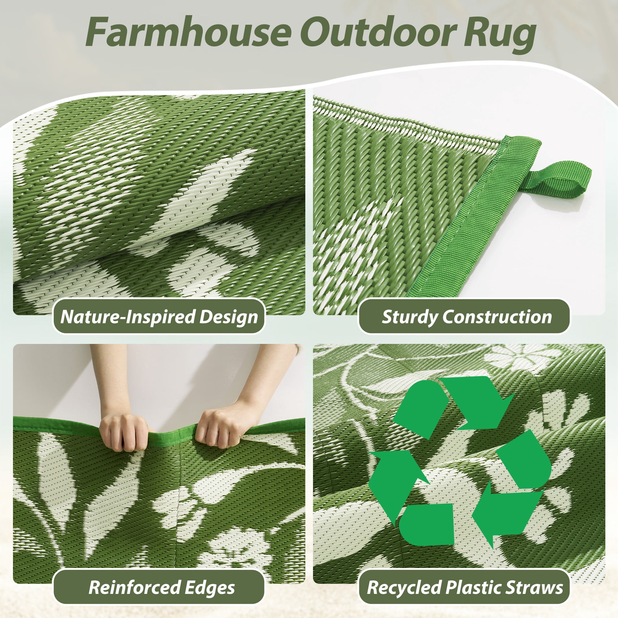 SIXHOME Outdoor Rug 5'x8' Waterproof Reversible Patio Rug Boho Geometric Indoor Outdoor Rugs Lightweight Plastic Straw Ourdoor Carpet for RV Camping Deck Balcony Modern Porch Decor Green