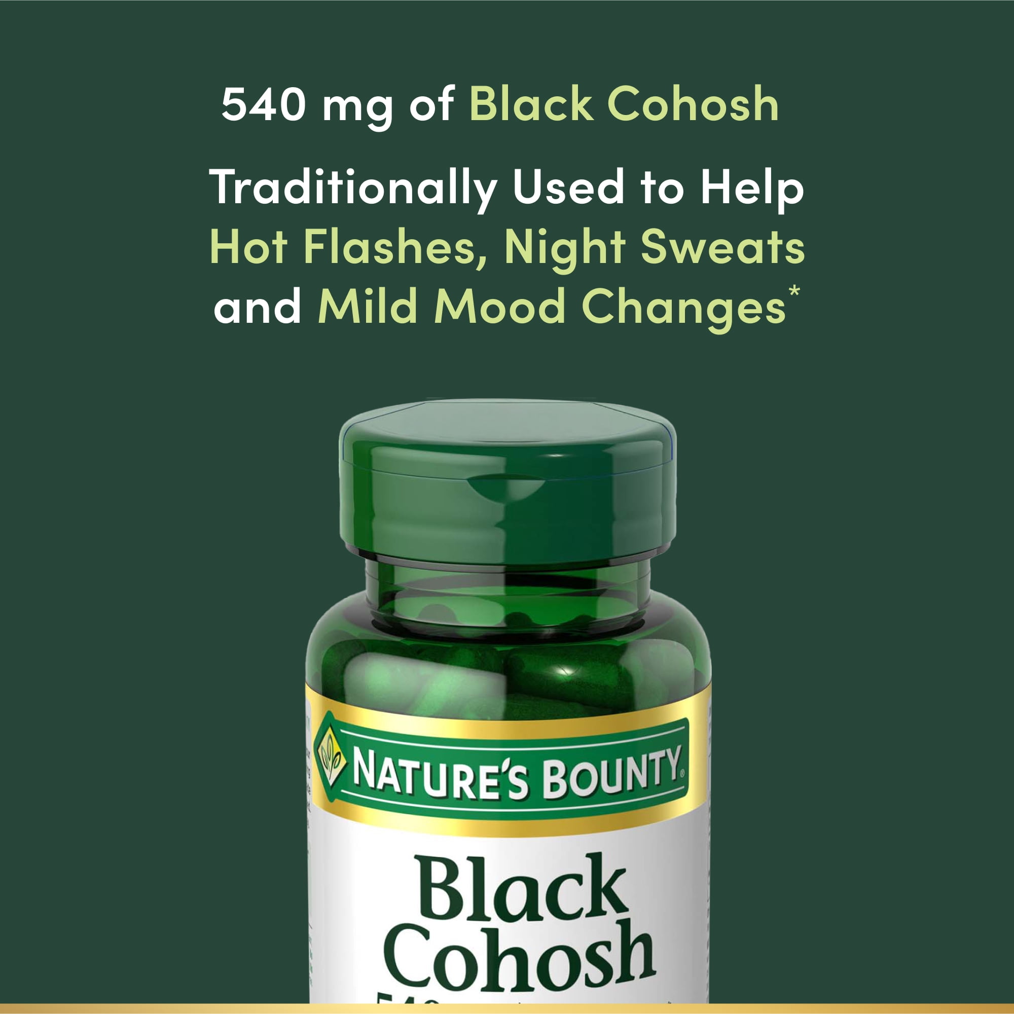 Nature's Bounty Black Cohosh Capsules, Mood, Hot Flash, and Menopause Support, Women's Health Herbal Supplement, 540 Mg, 100 Count