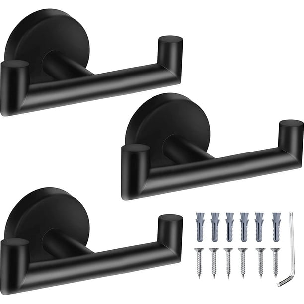 3 Pcs Double Towel Hooks for Bathroom Matte Black Wall Mounted Bathrobe ...