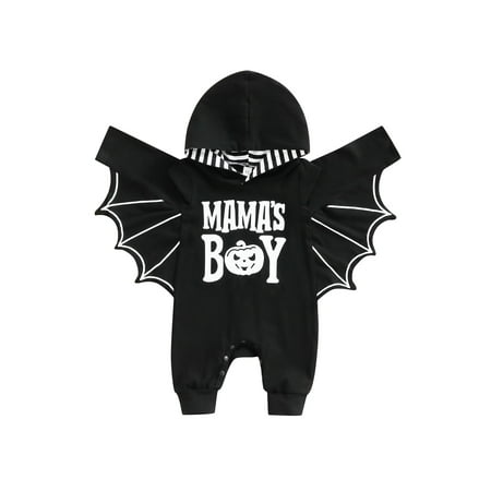 

Meihuida Toddlers Baby Boys Halloween Jumpsuit Letter/Ghost Print Hooded Batwing Sleeve Romper with Crotch Snaps 0-24 Months