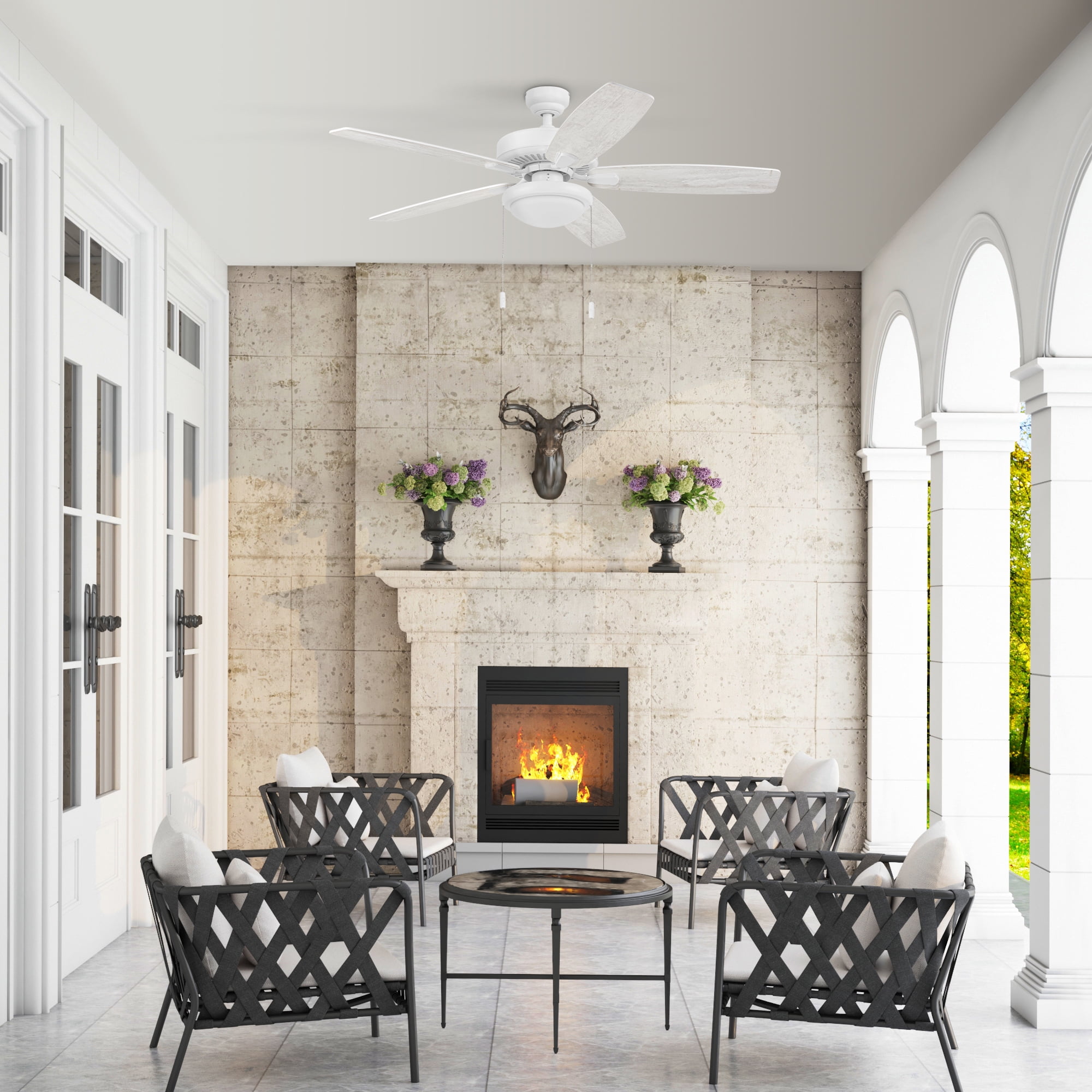 Honeywell Blufton 52" Traditional White Indoor/Outdoor Ceiling Fan with Light, Pull Chains & Reversible Motor