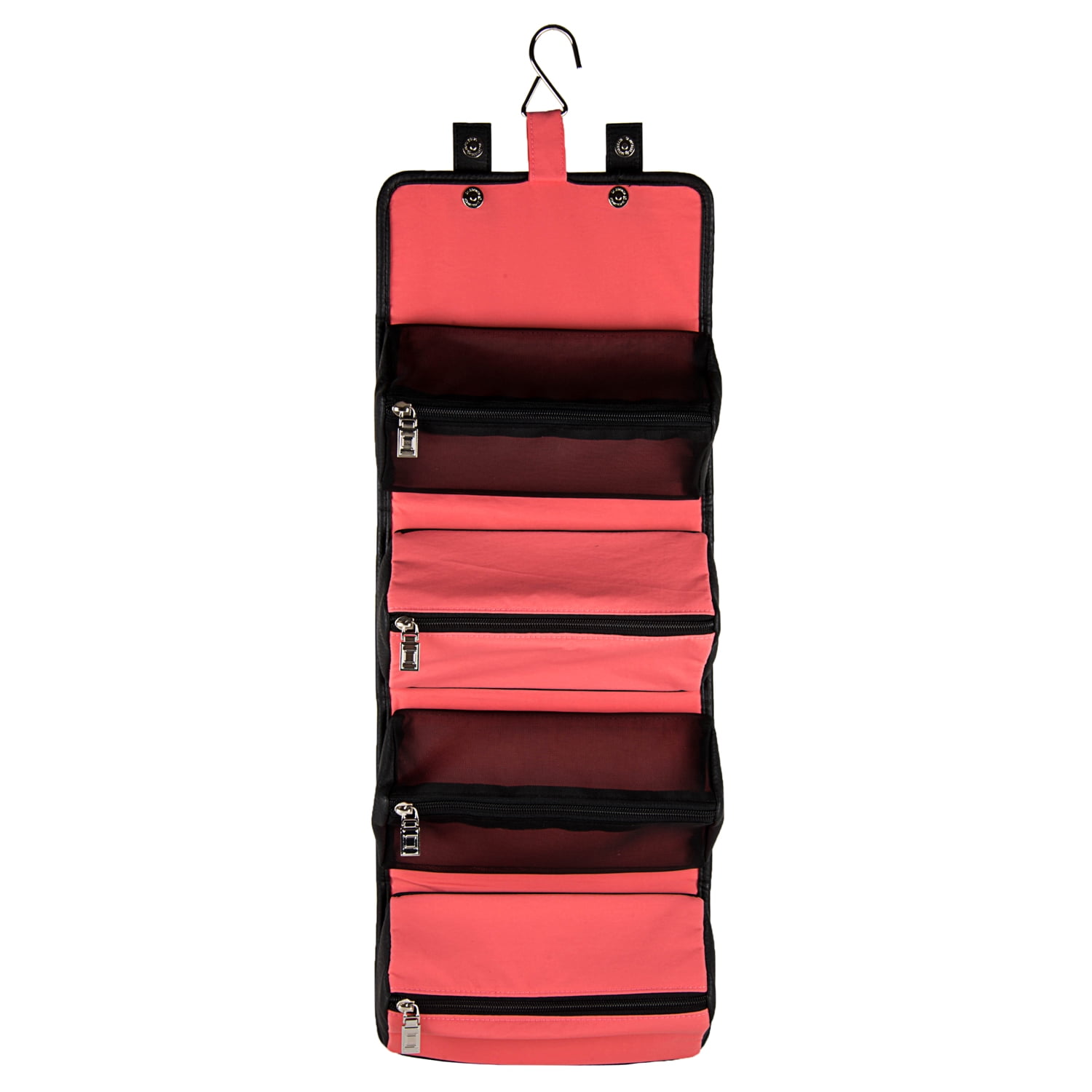 4-in-1 Compact Travel Organizer – Fold-Flat Hanging Toiletry & Accessory Bag with 2 Privacy Compartments & 2 Mesh Pockets, Water-Repellent Faux Leather Case