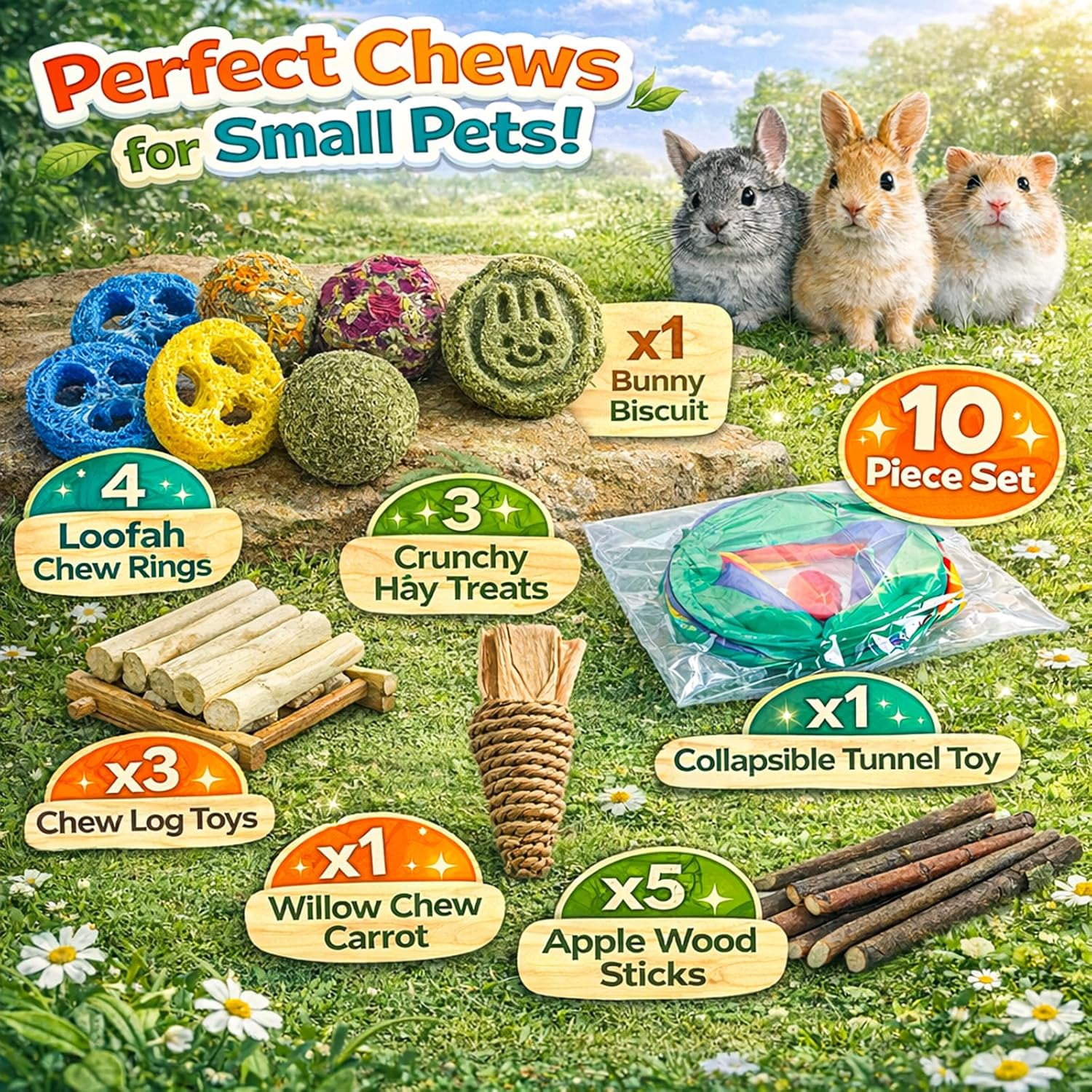 Rabbit Toys, Bunny Tunnels and Tubes with Chew Toys for Grinding Teeth Apple Sticks Bamboo Carrot Loofah and Grass Ball for Rabbit Guinea Pig Chinchilla Ferret Rat