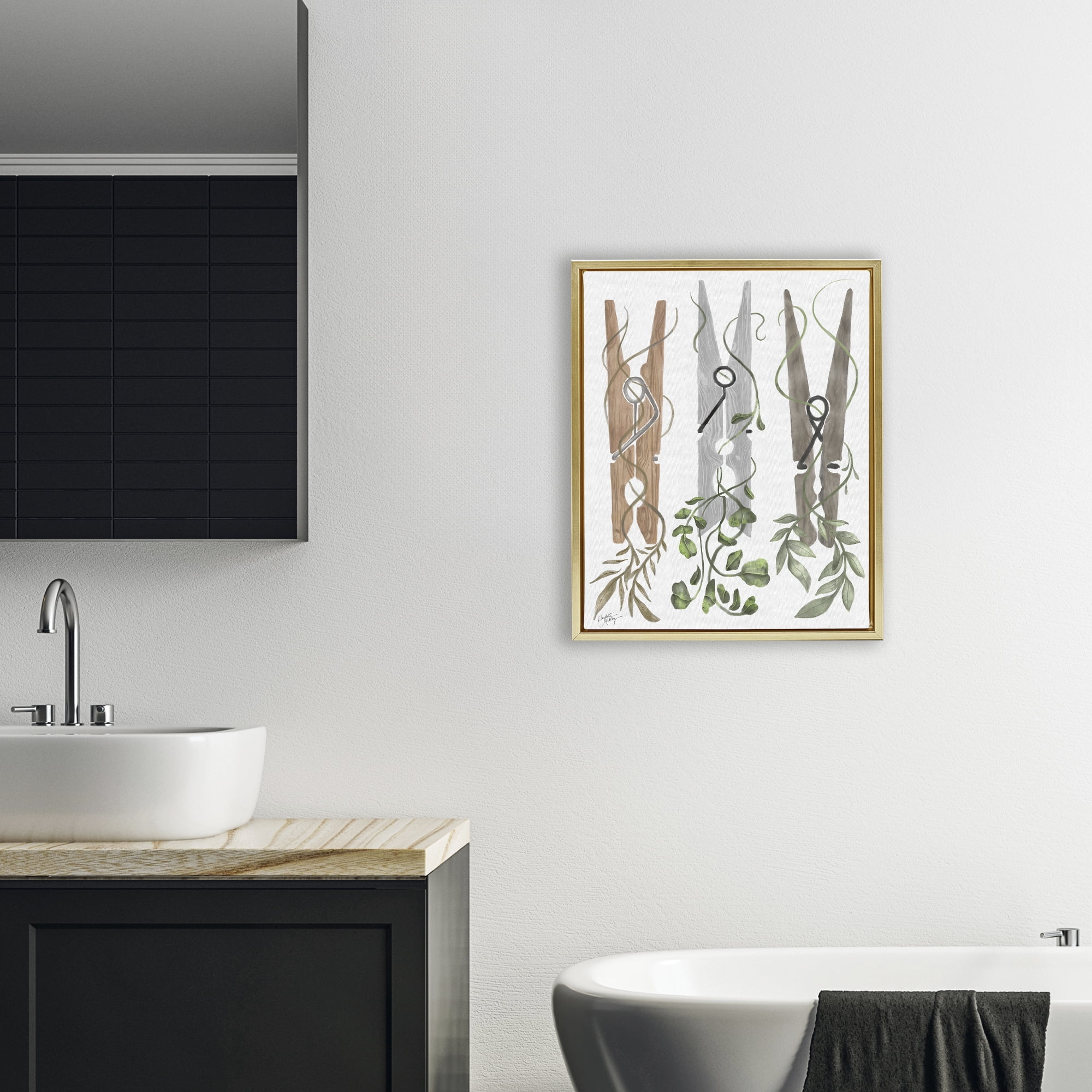 Stupell Industries Ivy Wrapped Clothespins Gold Framed Floater Canvas Wall Art, design by Elizabeth Medley
