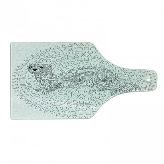 Modern Cutting Board, Squirrel Surrounded by Geometric Squares Triangles Circles Work of Art Print, Decorative Tempered Glass Cutting and Serving Board, Wine Bottle Shape, White Grey, by Ambesonne