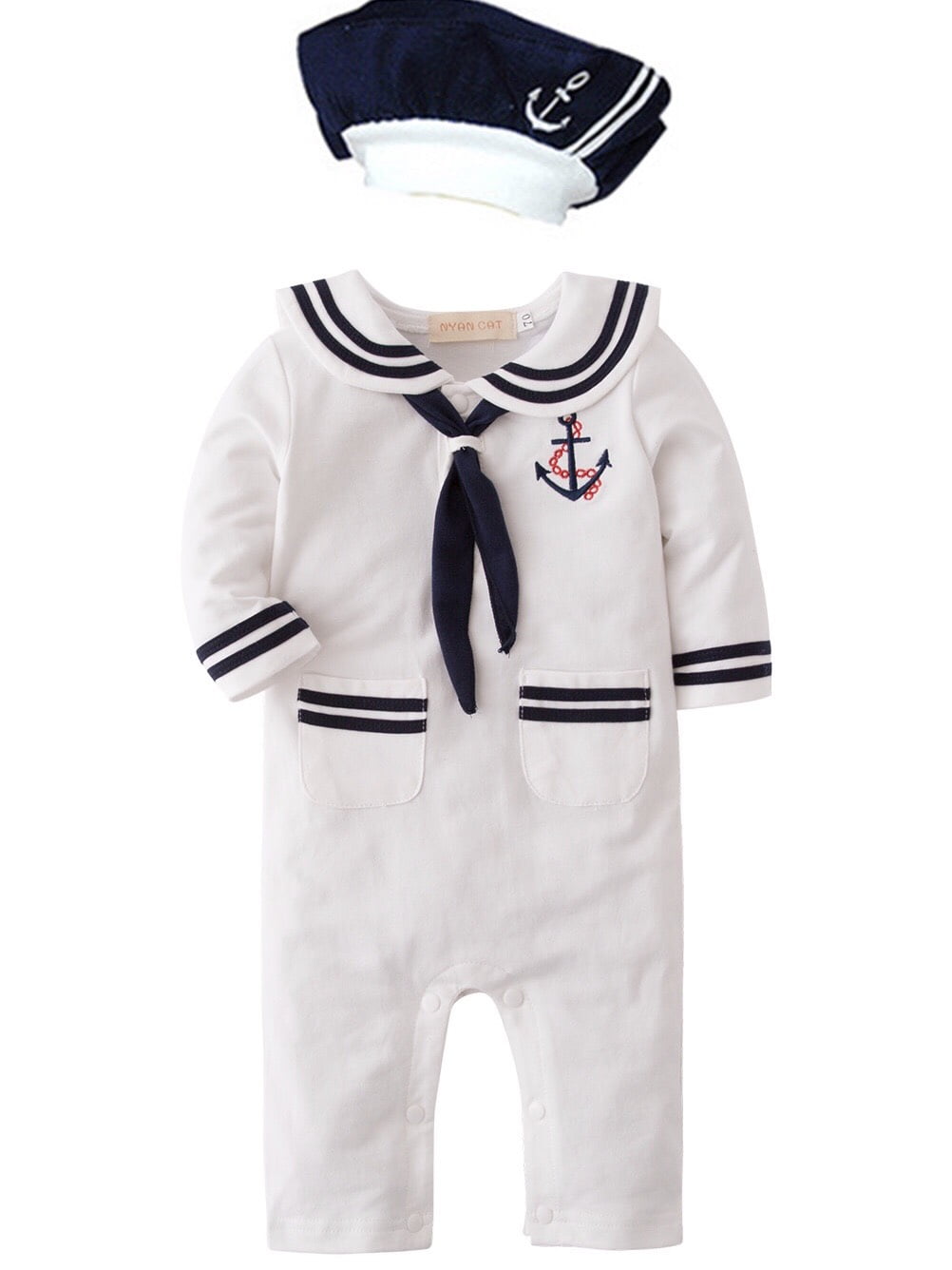 Baby Boy Sailor Costume Long Sleeve Romper With Hat 2 Pcs Set 