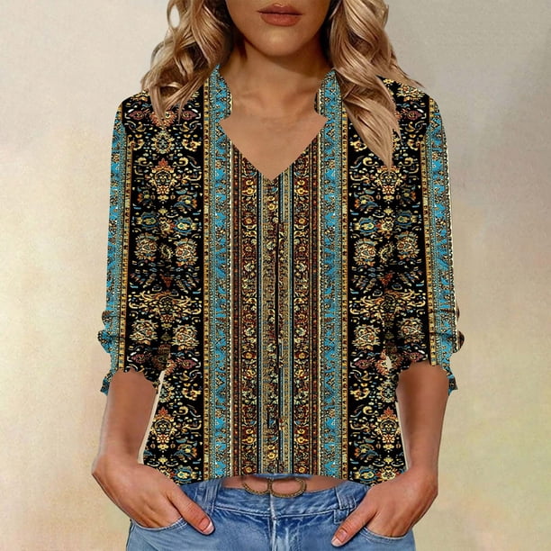 TaTaai 2026 Summer V Neck Quarter Sleeve Tunic Tops for Women Casual Loose Fit Print Tees Solid Color Stretchy Blouses Spring Daily Vacation Wear Gift
