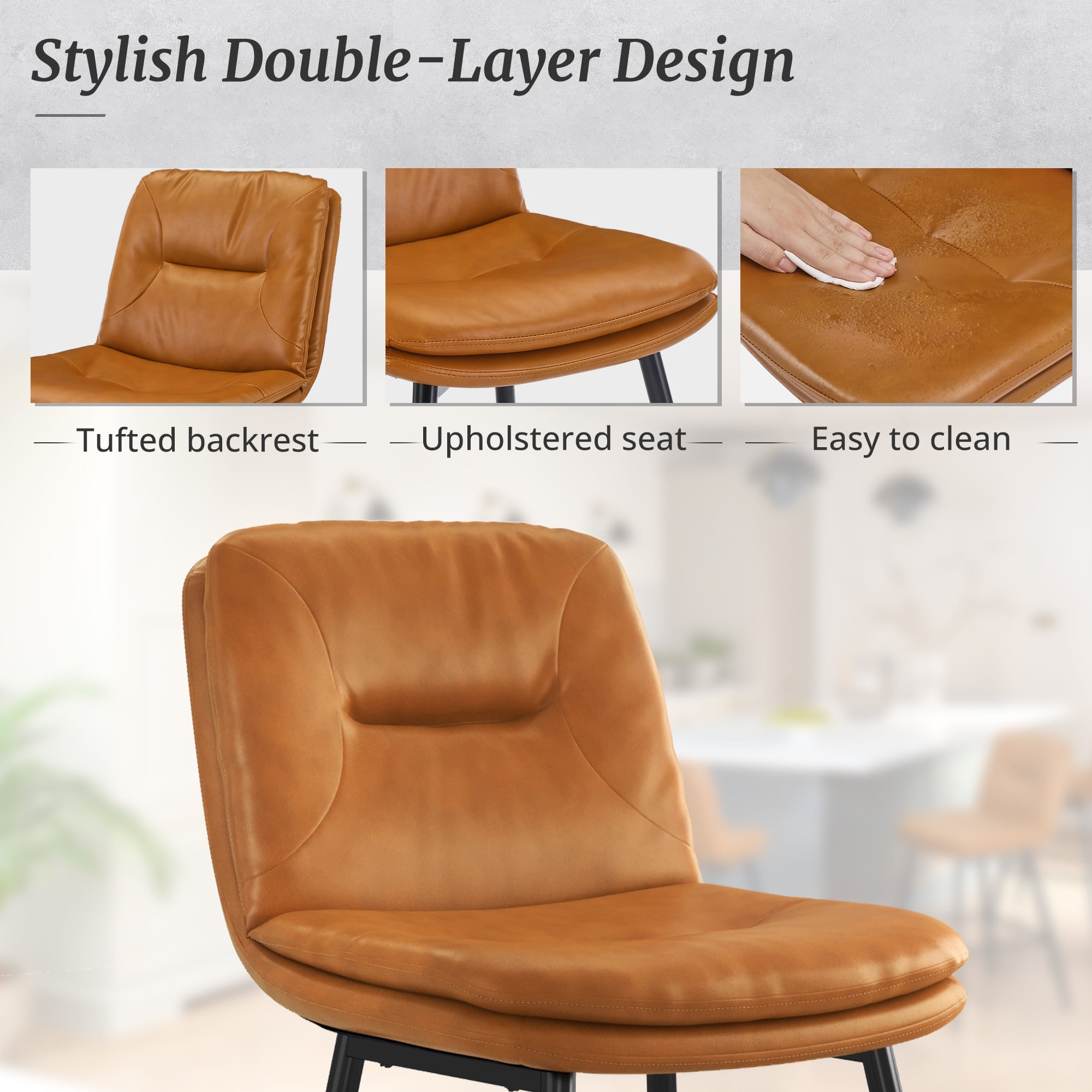 Dycanpo 24”H Bar Stools Set of 3, Double-Layer Upholstered, for Home Kitchen, Whiskey Brown