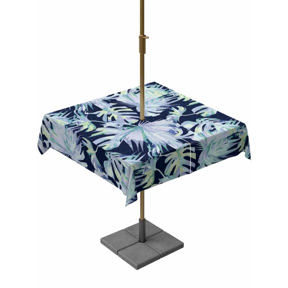 Outdoor Tablecloth with Umbrella Hole for Patio/Picnic/Party/Camping, Green Palm Leaves Waterproof Table Cloth Square Cover Washable, Watercolor Botanical Coastal (54"x 54")