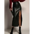 thumbnail image 5 of Women High Waisted Leather Front Thigh Slit Wrap Midi Skirt Long Pencil Bodycon Black S, 5 of 8