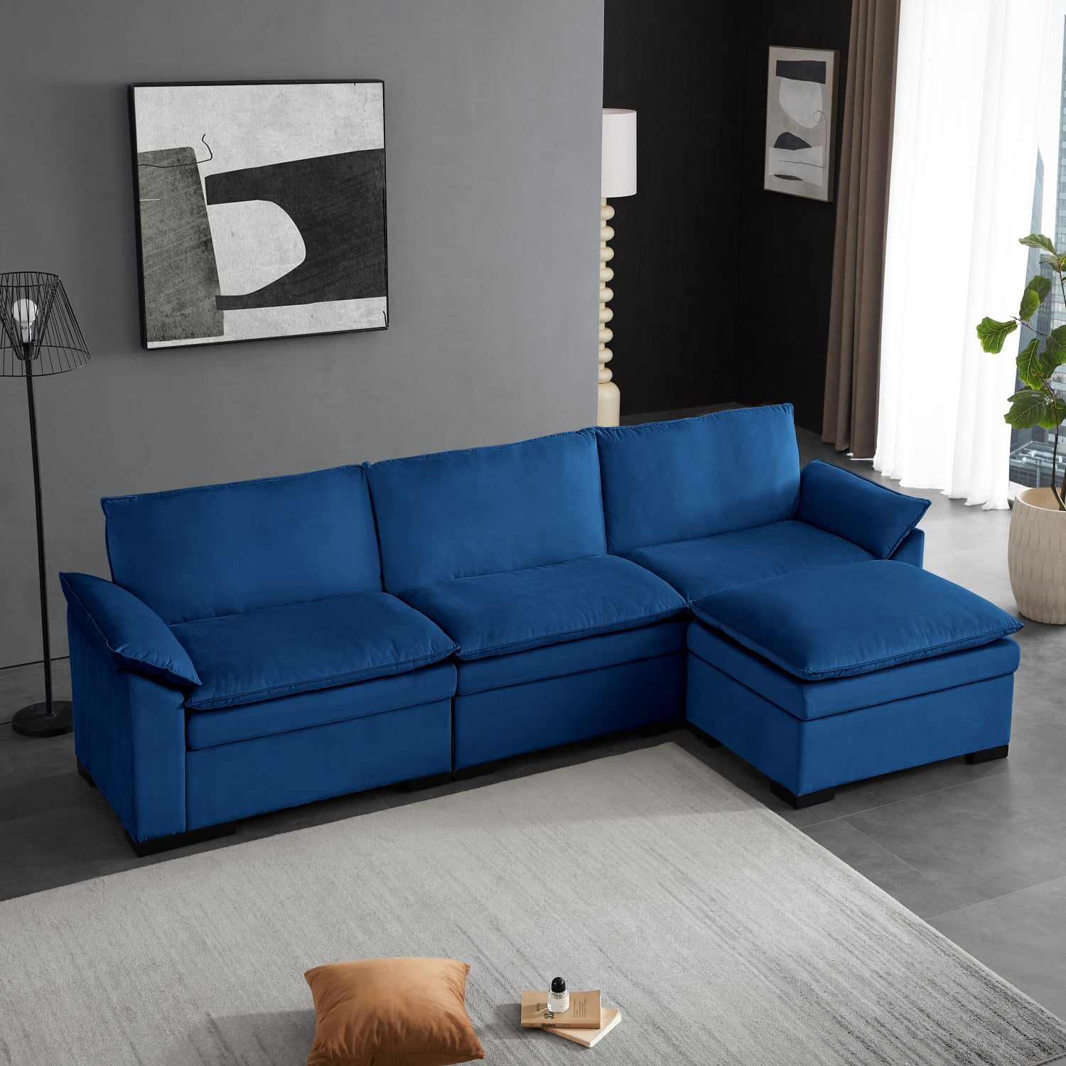 Gewnee 4-Seater L-Shaped Modular Velvet Sectional Sofa with Movable Ottoman - Living Room Furniture