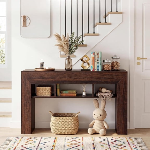 63" Farmhouse Console Table with Drawer and 3-Tier Storage Shelves, Narrow Sofa Table for Entryway, Hallway and Living Room, Rustic Wood Accent Table with Open Storage,Dark brown