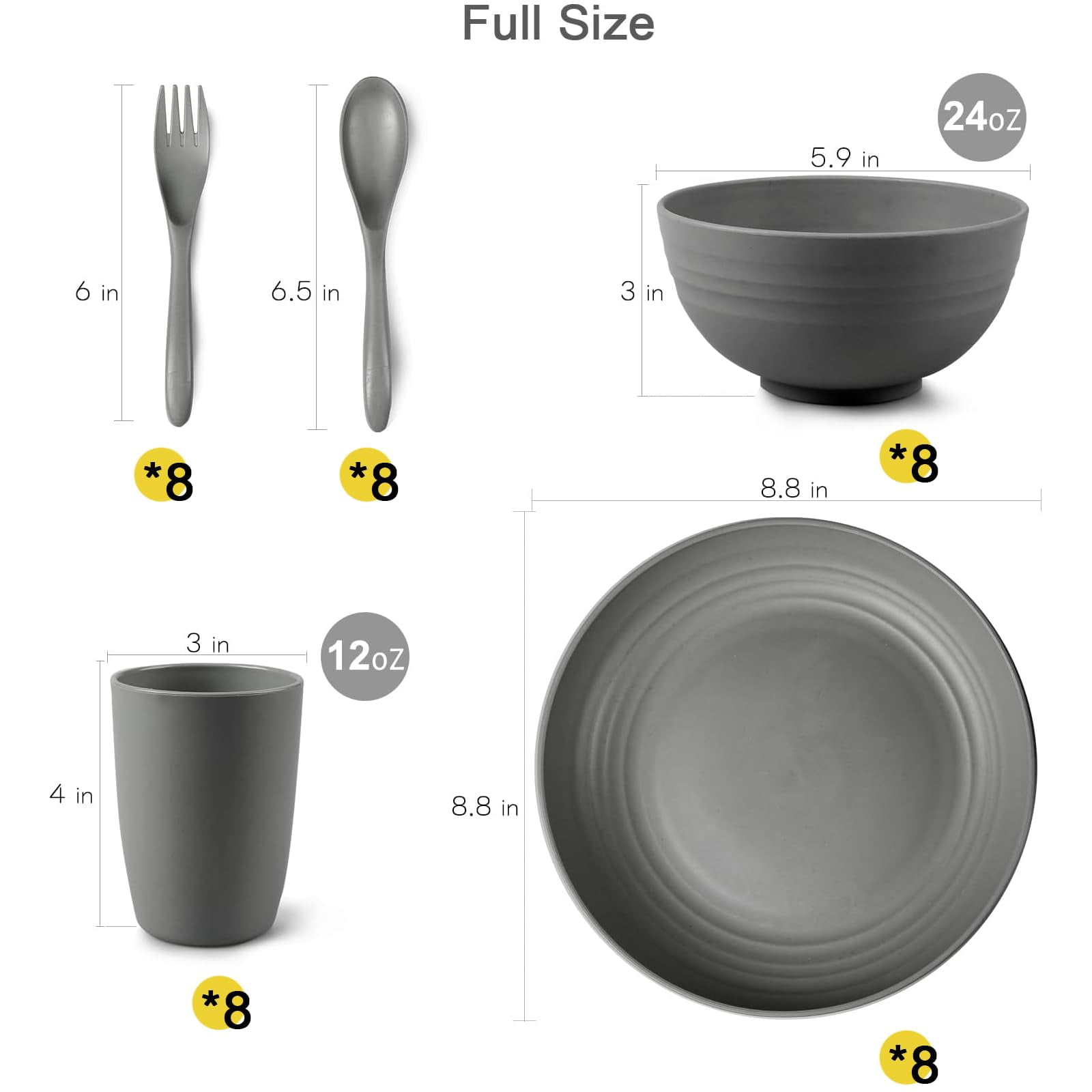 Loobuu Wheat Straw Dinnerware Sets for 8, 40 PCS Microwave Unbreakable Plates and Bowls Sets, Reusable Lightweight Tableware for Camping, Kitchen, RV, Dark Grey