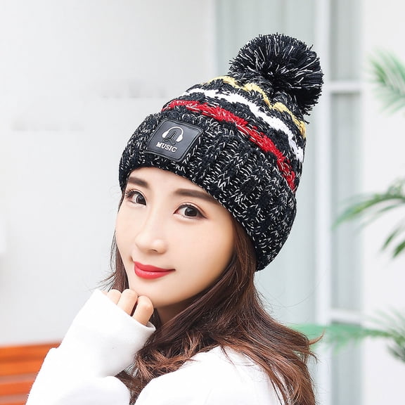 Dyfzdhu Fashion Women Warm Solid Thicken Wool Hat Stripe Knit Windproof Cap Black