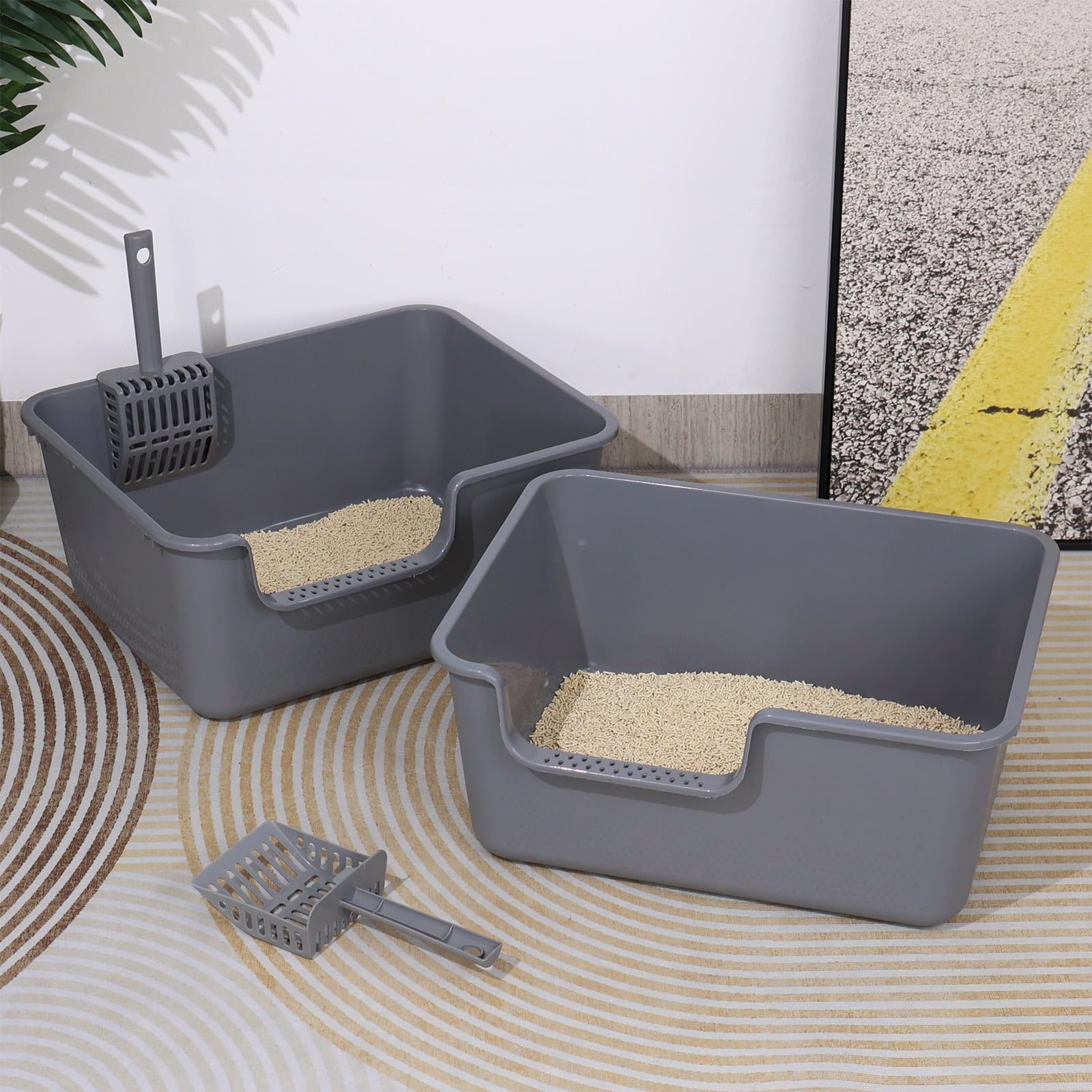 Gloreen 2 Pack Plastic High Side Cat Litter Boxes, Open Top, Include Litter Scoops, Gray