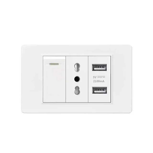 White Italy Chile Outlet with USB Smart Type-c Fast Charging,Dual USB Wall Socket Chile Plugs Plastic Panel Light Switch Sat TV