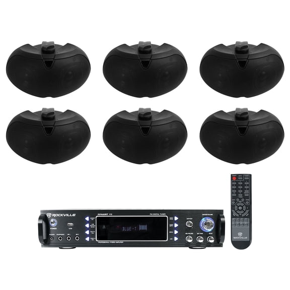 (6) Rockville D4-16 Black Dual 4" 16 Ohm Outdoor Restaurant Patio Speakers Amp