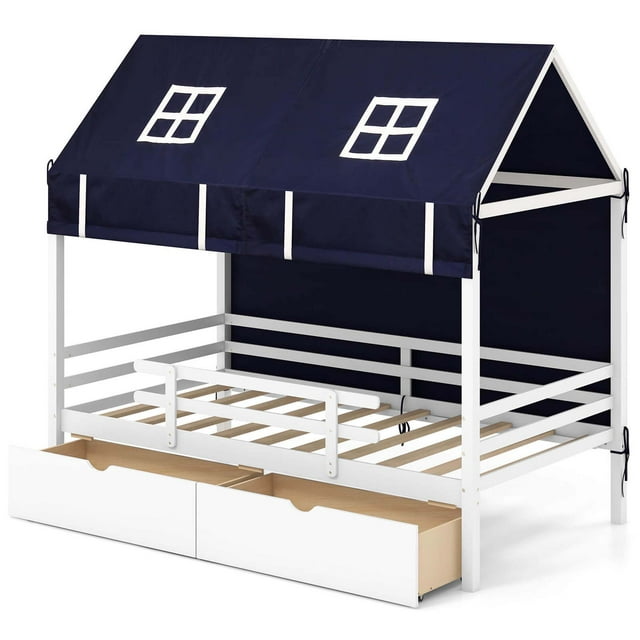 Costway Lit Maisonnette Double en Bois Massif Lit de Jeu Mezzanine Bas avec Tente 2 Tiroirs de Rangement