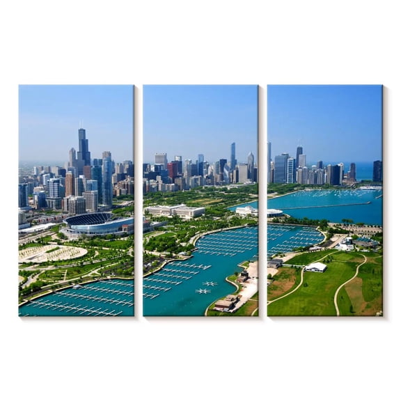 Elephant Stock Downtown Chicago And Lake Michigan Wall Art - Horizontal Multi Panel Canvas - Living Room Wall Decor - City Multi Panel - Blue And Gray Decor - 23" x 14"