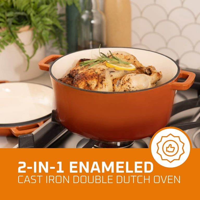Bruntmor Enameled 5-Quart Cast Iron Double Dutch Oven with Skillet Lid