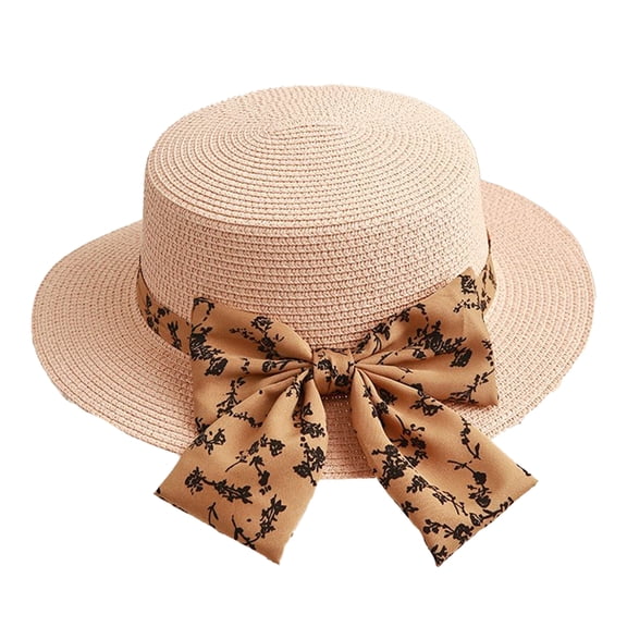 56-58cm hat circumference women's flat top bow straw hat summer small top hat straw sun hatpink