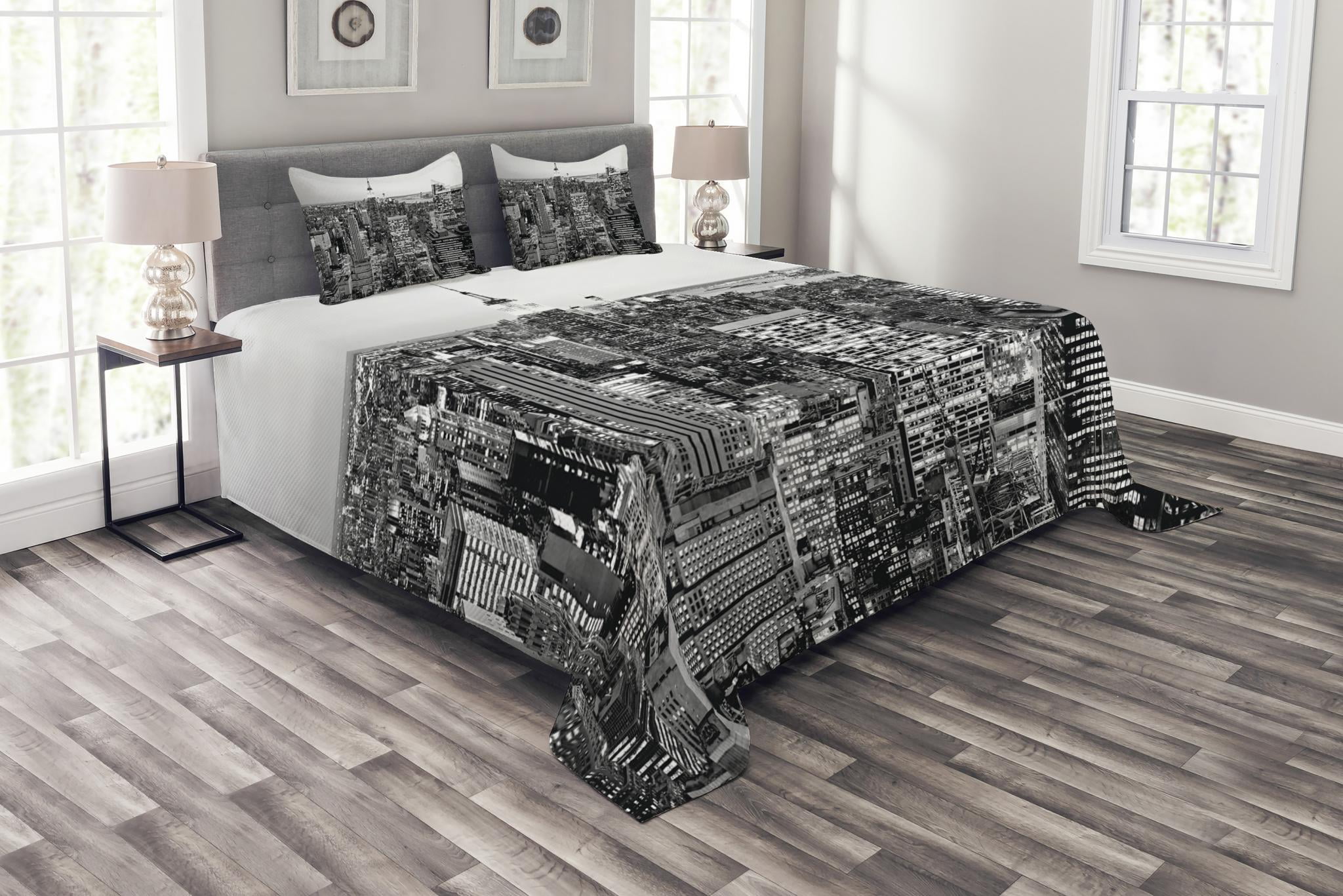 New York Bedspread Set King Size, Panorama of Manhattan High Buildings