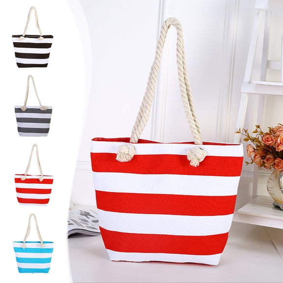 JVBTVB Women's Canvas Beach Bag Large Tote Shoulder Bag for Shopping, Summer Horizontal Striped Travel Bag 18.11 Inch