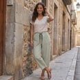 thumbnail image 5 of Women's Casual Barrel Pants Summer Striped Drawstring Wide Leg Trousers Beach Lounge Capri Pants with Pockets Green S, 5 of 8