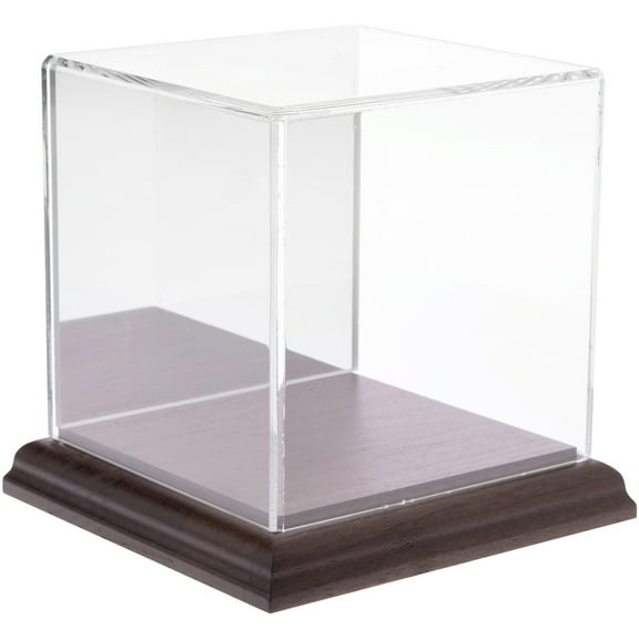 Plymor Clear Acrylic Display Case with Hardwood Base (Mirror Back), 4" x 4" x 4"