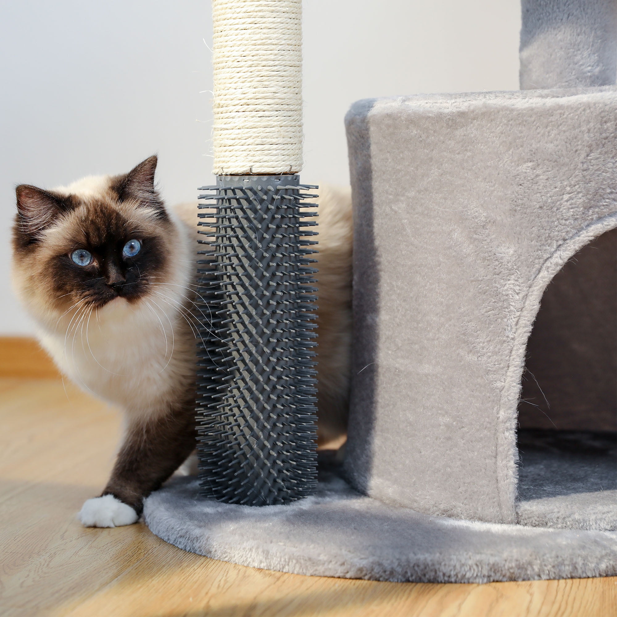 Pefilos 32" Cat Tree Indoor with Self Groomer Brush, Sisal Scratching Post, Dangling Ball, Wood Cat Condo Tower for Small, Medium Cats, Gray Pefilos 32" Cat Tree Indoor with Self Groomer Brush, Sisal Scratching Post, Dangling Ball, Wood Cat Condo Tower for Small, Medium Cats, Gray