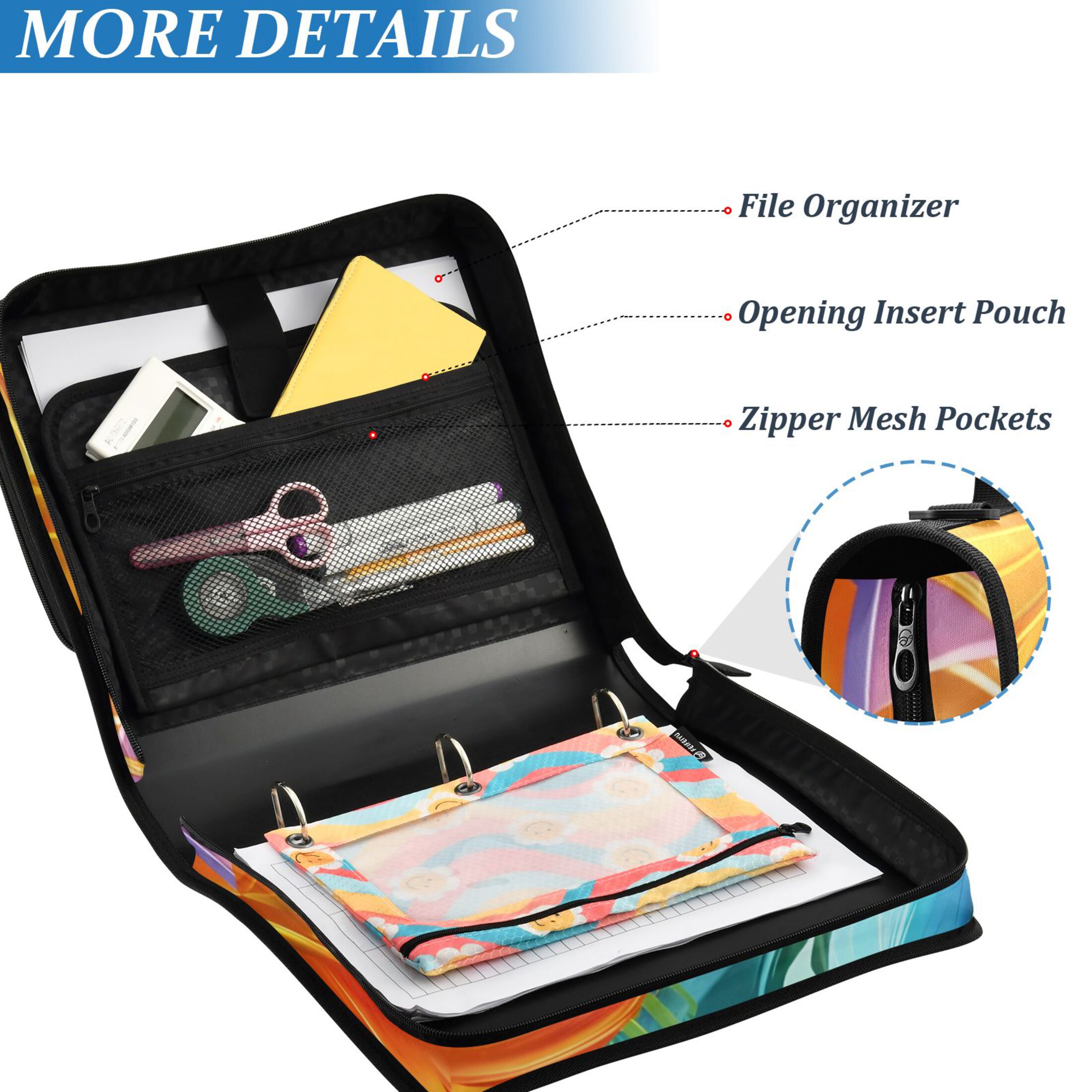 3 Ring Zipper Binder with Shoulder Strap Waterproof Trapper Keeper 2 Inch D-Ring 500 Sheets Capacity Colorful Feathers
