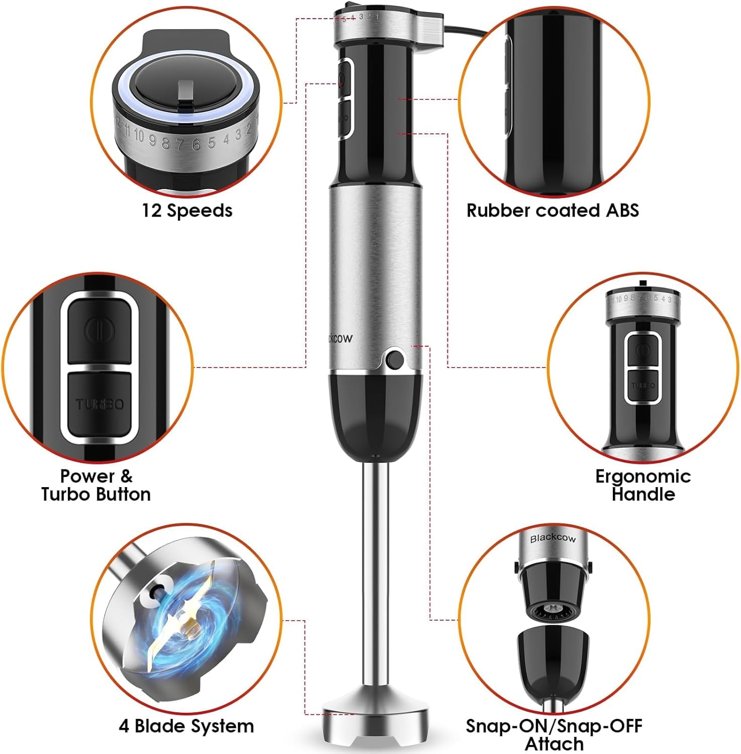 Blackcow Immersion Blender Handheld, 800W Powerful Electric Hand with Titanium Alloy Blades, 12 Speeds & Turbo, Mixer for Smoothies, Soups, Baby Food and Purees